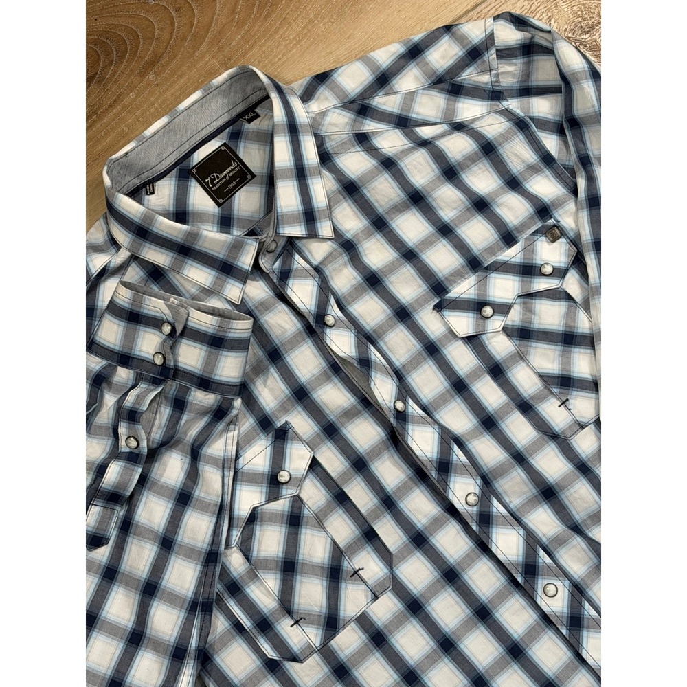 7 Diamonds Mens XXL Blue White Plaid Western Pearl Snap Long Sleeve Shirt